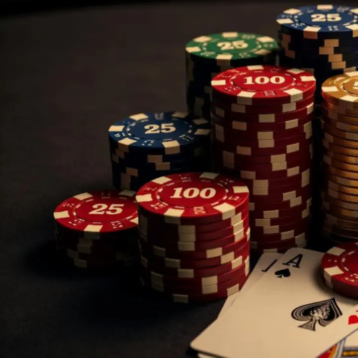Close up of poker chip stacks under warm pendant lighting