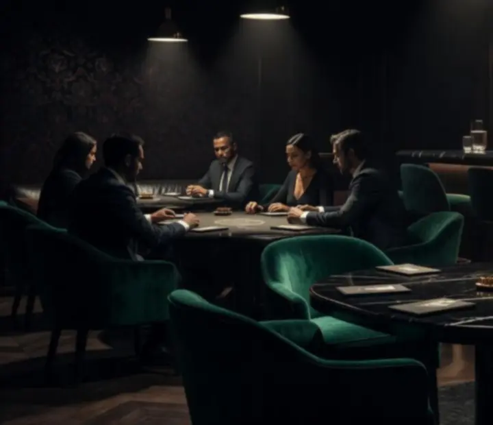 Dimly lit premium poker lounge with emerald felt tables and pendant lighting