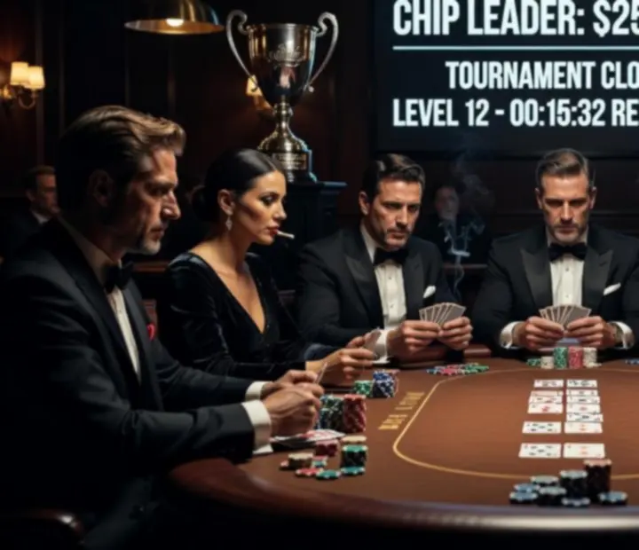 Featured poker tournament with spotlighted table, stacked chips and refined noir atmosphere