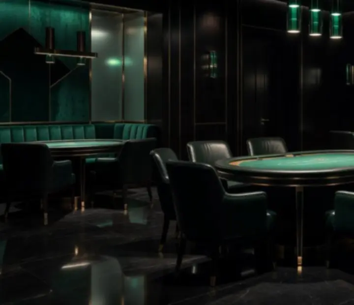High roller lounge bar with moody lighting and emerald finishes