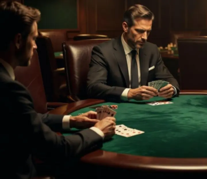 Custom-built poker table with emerald felt, chip stacks and pendant lighting in a luxury card room