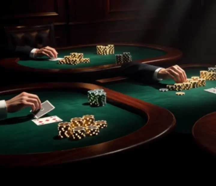 Moody luxury card room gallery with poker tables and chip stacks