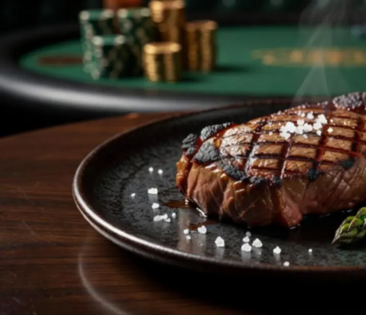 A plated wagyu steak served in a dark, moody poker lounge setting