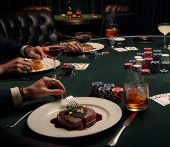 A poker table set with gourmet dishes and drinks under moody lights