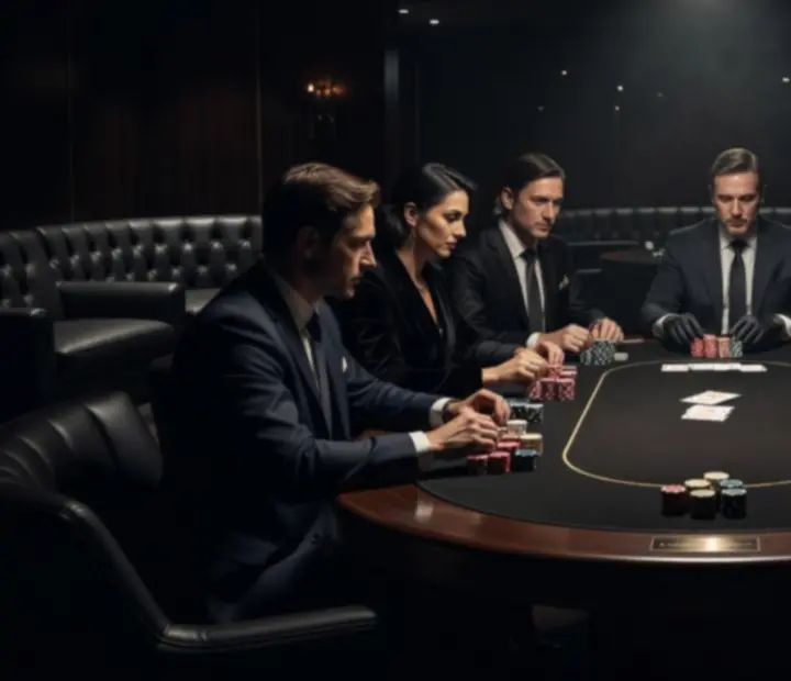 Atmospheric offline poker tournament with glowing chip stacks and spotlighted poker tables