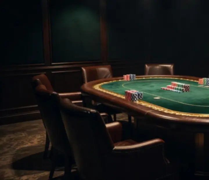 Private high roller poker suite with custom poker table and pendant lighting
