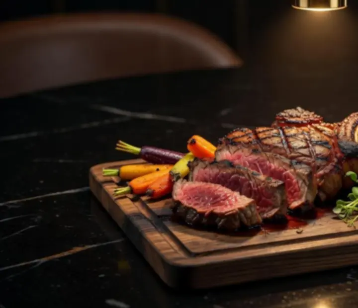 Tomahawk steak sliced and presented on a dark wooden board