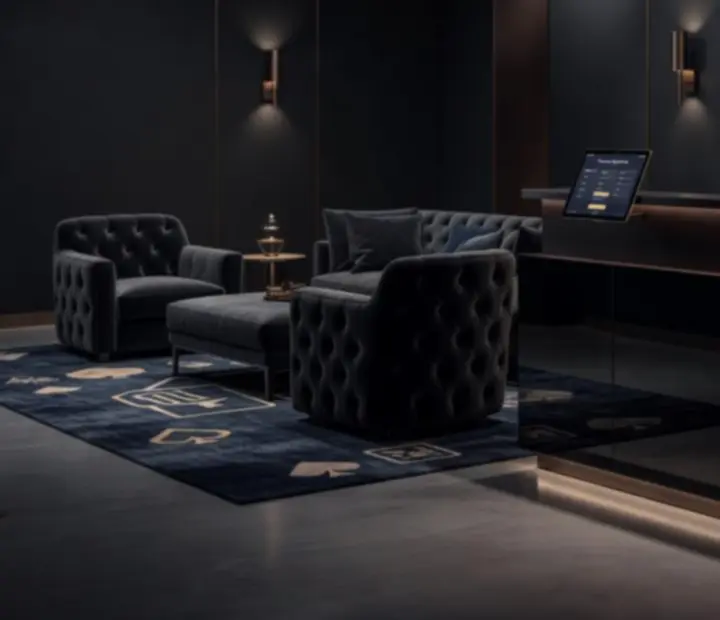 Player reserving a poker table in a luxury offline card room with tournament chips neatly stacked
